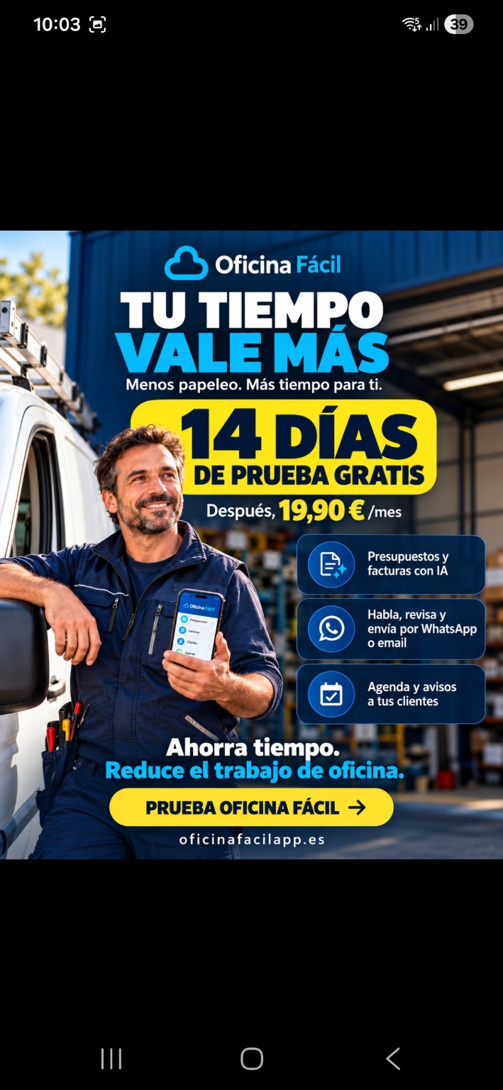 Oficina Fácil: tu tiempo vale más. Prueba gratuita de 14 días; después, 19,90 euros al mes. Presupuestos con IA, envío por WhatsApp o email y agenda.